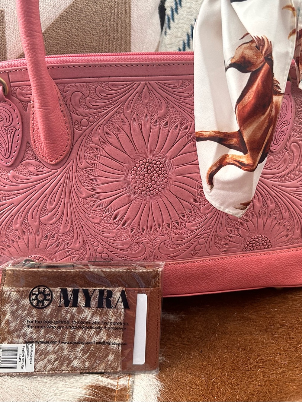 Myra Bag Pink Embossed Floral Dome Satchel with Scarf Accent - Picture 3 of 4